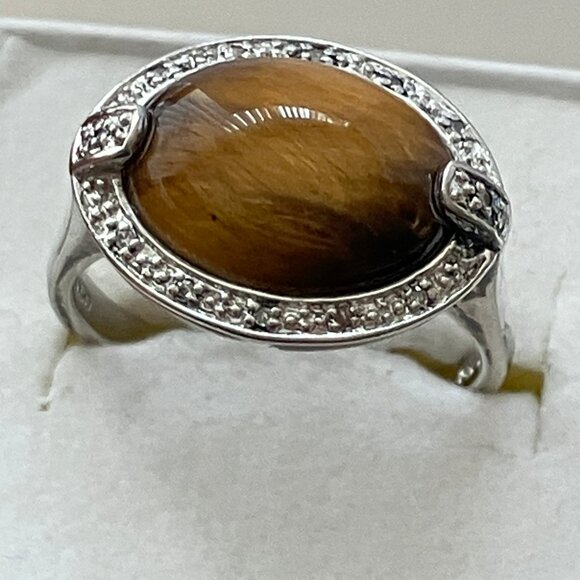 Tiger's Eye & Real Diamonds 925 Sterling Silver Ring EA, Size 10 - Picture 1 of 7